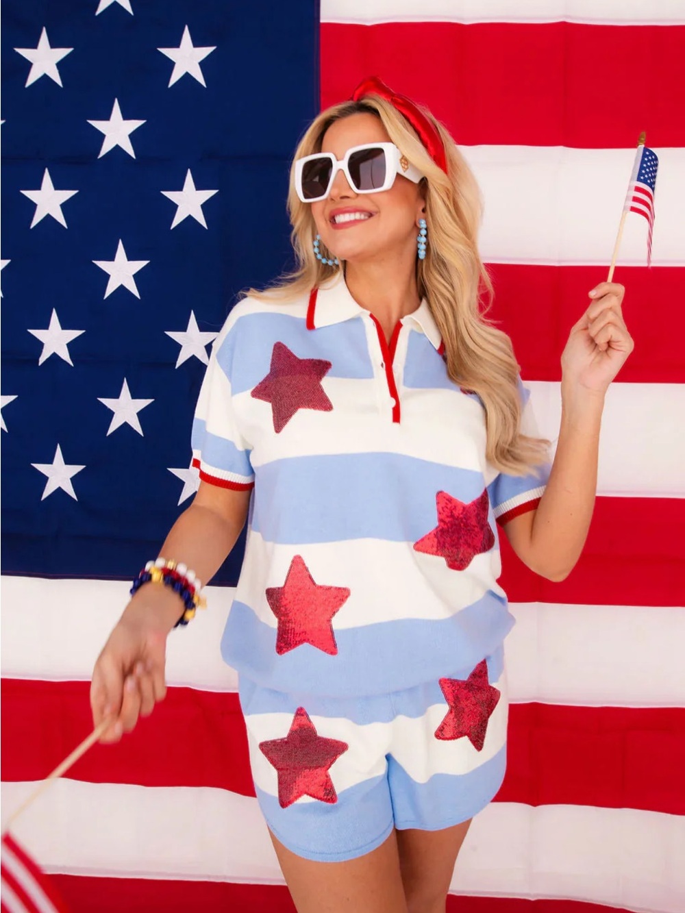 NWT Brianna Cannon Nantucket Stripe Knit Star Sequin Top & Shorts Set M